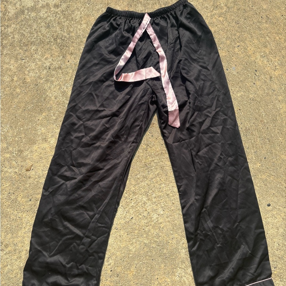 Black Pajama Pants with Pink Ribbon Detail